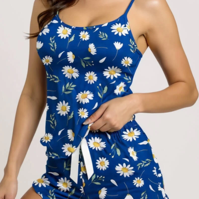 Papatya Desenli Mavi Askılı Şortlu Pijama Takımı Mavi