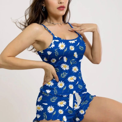 Papatya Desenli Mavi Askılı Şortlu Pijama Takımı Mavi