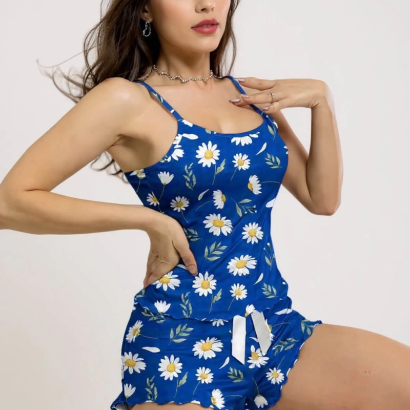 Papatya Desenli Mavi Askılı Şortlu Pijama Takımı Mavi