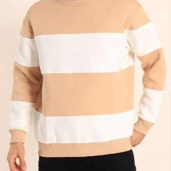 Parçalı Bisiklet Yaka Baskılı SweatShirt - Bej -