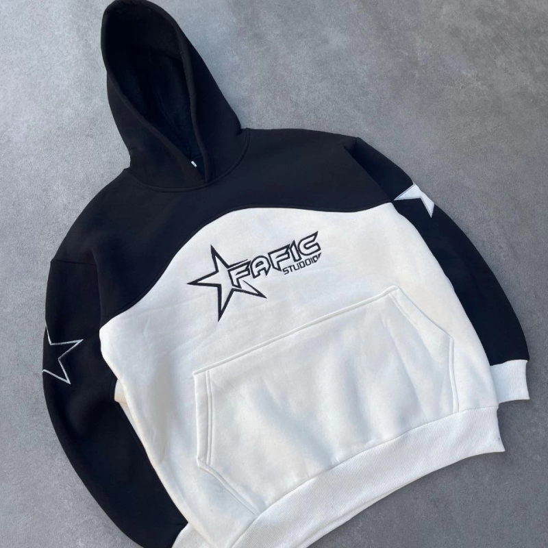 Parçalı Nakış İşlemelı Kapüşonlu SweatShirt - Siyah