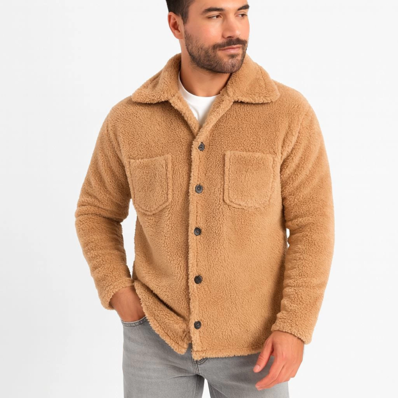 Pelüş Polar Hırka Gömlek  Açık Kahve -