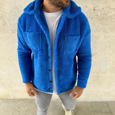 Pelüş Polar Hırka Gömlek - Saks Mavisi -