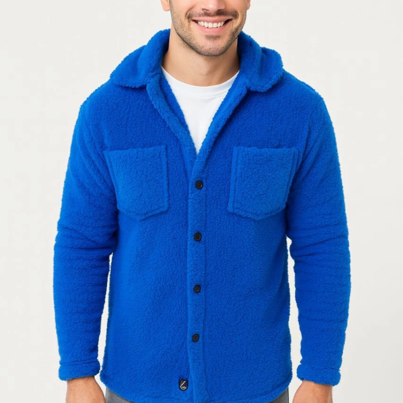 Pelüş Polar Hırka Gömlek - Saks Mavisi -