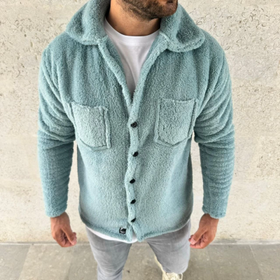 Pelüş Polar Hırka Gömlek – Yakalı, İlik Düğmeli, Göğüs Cepli, Yumuşak Dokulu Kışlık Regular Fit Rahat Günlük Model - Bebe Mavisi -