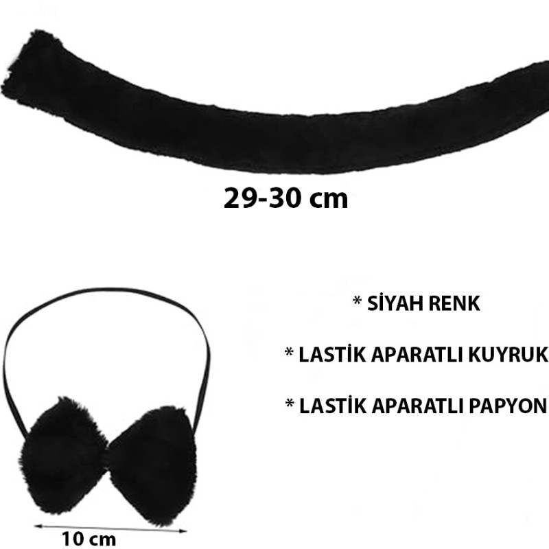 Peluş Siyah Renk Kuyruk ve Papyon Yetişkin Çocuk Uyumlu
