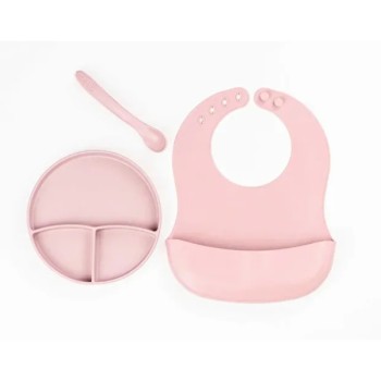 Pembe 3’lü Silikon Yemek Seti – Önlük + Diş Kaşıyıcılı Kaşık + Vakumlu Tabak 
