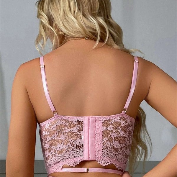 Pembe Dantelli Jartiyer Fantezi Seksi Büstiyer Takımı