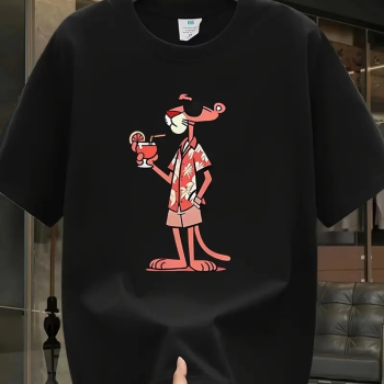 Pembe Panter Baskılı   Oversize Günlük Kısa Kollu Tişört- Siyah -