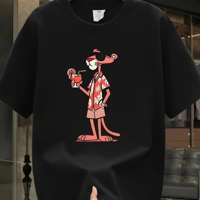 Pembe Panter Baskılı   Oversize Günlük Kısa Kollu Tişört- Siyah -