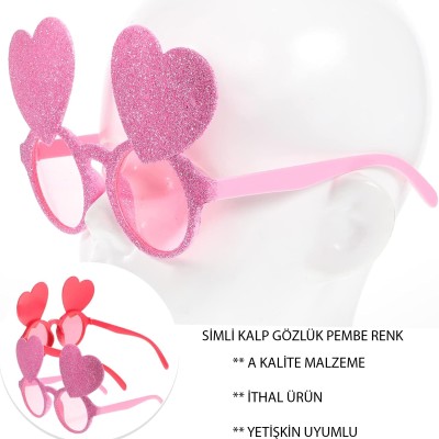 Pembe Renk Sim İşlenmiş Kalp Figürlü Parti Gözlüğü