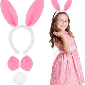 Pembe Tavşan Kostüm Seti – Taç, Papyon, Ponpon (12’li Paket)