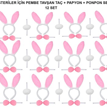 Pembe Tavşan Kostüm Seti – Taç, Papyon, Ponpon (12’li Paket)