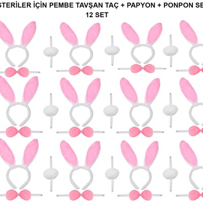 Pembe Tavşan Kostüm Seti – Taç, Papyon, Ponpon (12’li Paket)