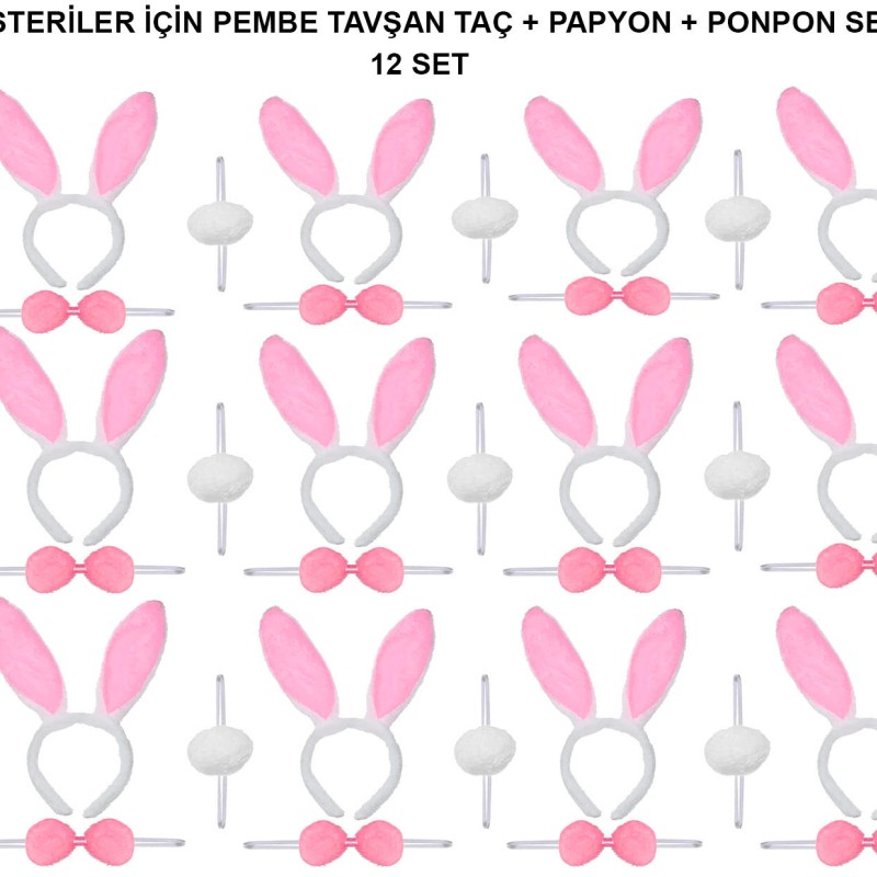 Pembe Tavşan Kostüm Seti – Taç, Papyon, Ponpon (12’li Paket)