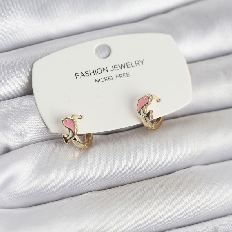 Pembe Yunus Balığı Model Gold Renk Pirinç Çocuk Küpe