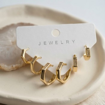 Petek Model Gold Renk Zirkon Taşlı Pirinç Kadın Küpe Seti