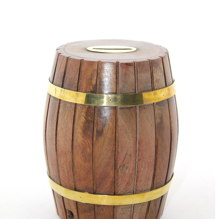 Pirinç Ahşap Fıçı Kumbara 12.5 Cm 