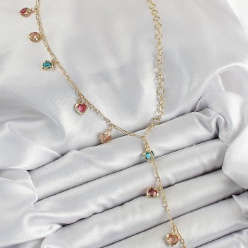 Pirinç Asorti Kalp Model Gold Renk Zirkon Taşlı Y Kolye