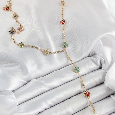 Pirinç Asorti Kalpli Yonca Model Gold Renk Zirkon Taşlı Y Kolye