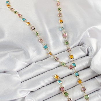 Pirinç Asorti Kare Model Gold Renk Zirkon Taşlı Y Kolye