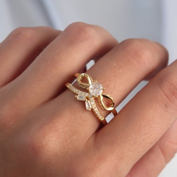 Pirinç Ayarlamalı Gold Renk Zirkon Taşlı 2li Görünüm Fiyonk Yüzük