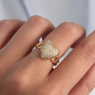 Pirinç Ayarlamalı Gold Renk Zirkon Taşlı Bombeli Kalp Yüzük