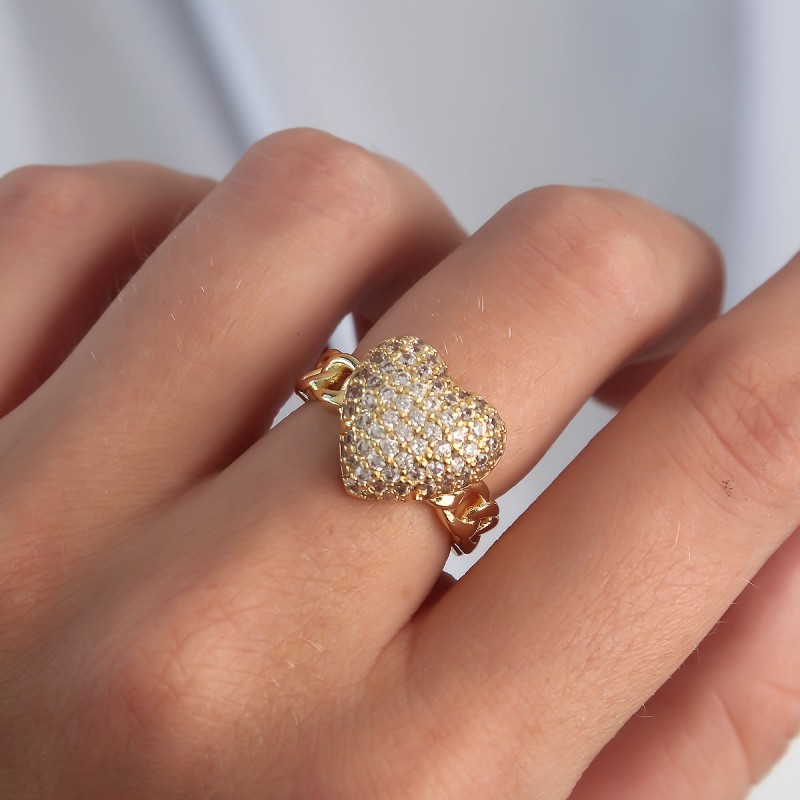 Pirinç Ayarlamalı Gold Renk Zirkon Taşlı Bombeli Kalp Yüzük