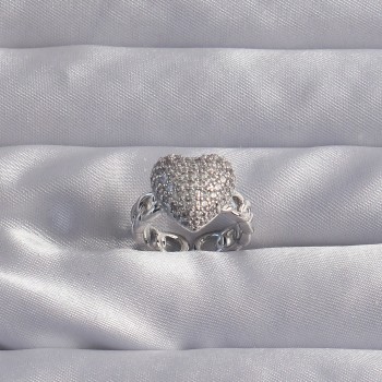 Pirinç Ayarlamalı Gümüş Renk Zirkon Taşlı Bombeli Kalp Yüzük