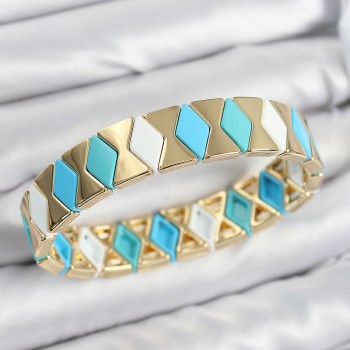 Pirinç Baklava Desenli Mavi Beyaz Gold Renk Lastikli Kadın Bileklik