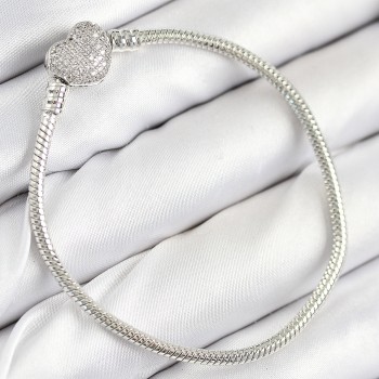 Pirinç Charm Zirkon Taşlı Kalp Model Gümüş Renk Kadın Bileklik