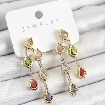 Pirinç Çoklu Damla Model Karşık Zirkon Taşlı Gold Ve Gümüş Renk Kadın Küpe