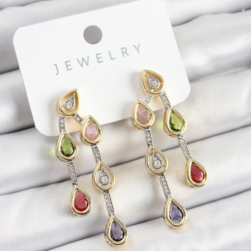 Pirinç Çoklu Damla Model Karşık Zirkon Taşlı Gold Ve Gümüş Renk Kadın Küpe