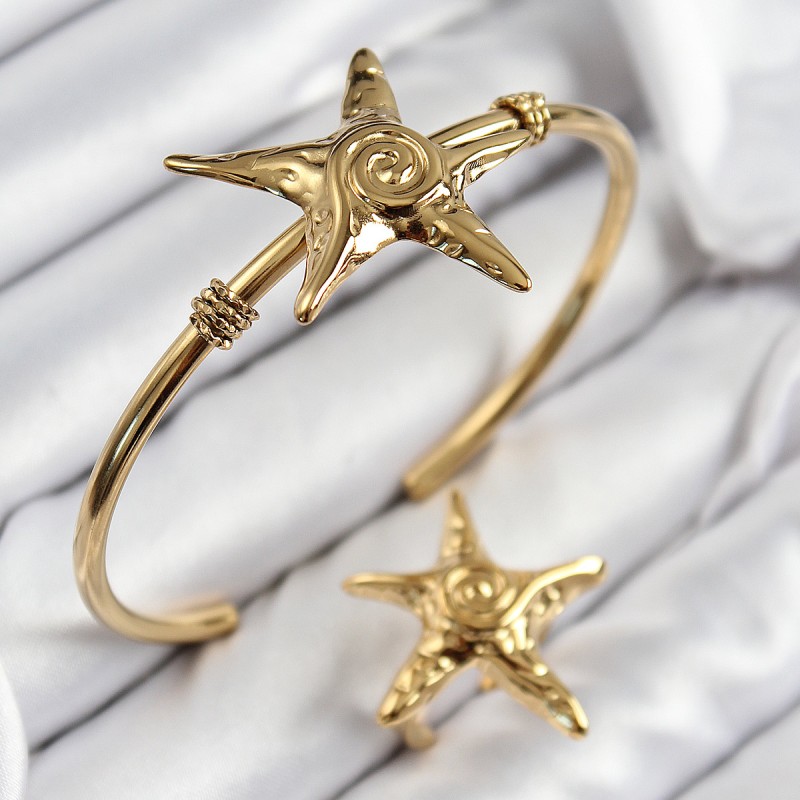Pirinç Deniz Yıldızı Model Gold Renk Bileklik Yüzük Set