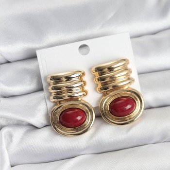 Pirinç Gold Bordo Renk Vintage Kadın Küpe