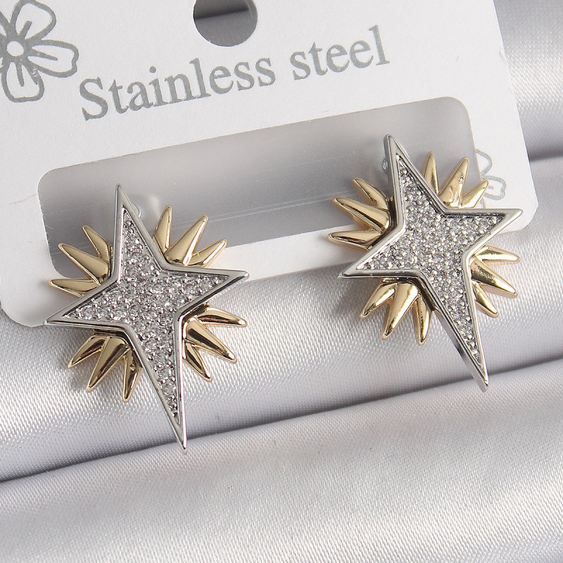 Pirinç Gold Gümüş Renk Zirkon Taşlı Kutup Yılıdız Model Kadın Küpe