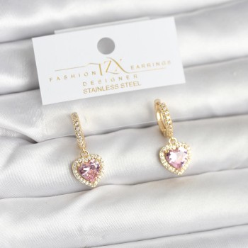 Pirinç Gold Pembe Renk Zirkon Taşlı Kalp Model Kadın Küpe