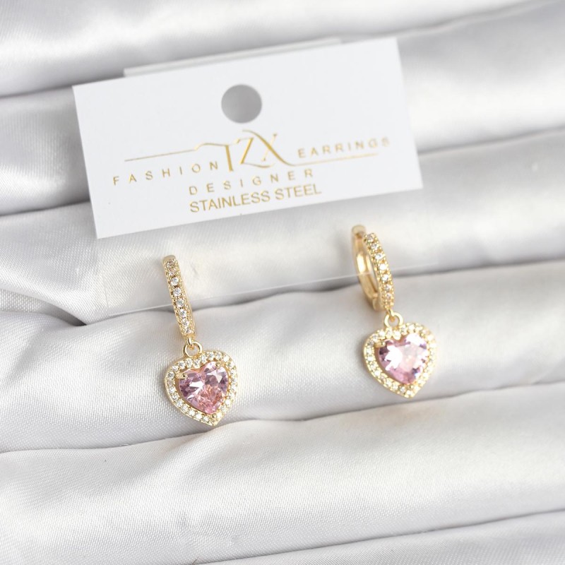 Pirinç Gold Pembe Renk Zirkon Taşlı Kalp Model Kadın Küpe