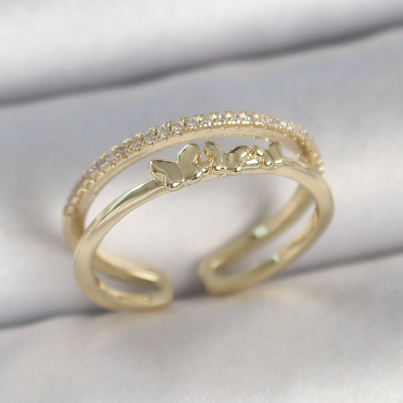 Pirinç Gold Renk 2'Li Sıra Zirkon Taş Detaylı Kelebek Figürlü Ayarlanabilir Model Kadın Yüzük