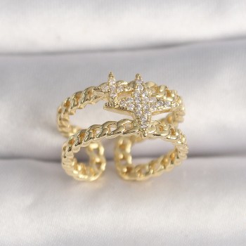 Pirinç Gold Renk 2'Li Zincir Zirkon Taşlı Yıldız Figür Kadın Yüzük