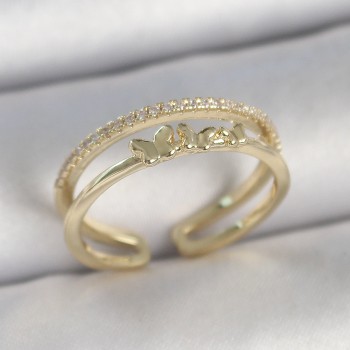 Pirinç Gold Renk 2'Li Sıra Zirkon Taş Detaylı Kelebek Figürlü Ayarlanabilir Model Kadın Yüzük
