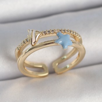 Pirinç Gold Renk 2'Li Zirkon Taşlı Mavi Yıldız Figür Ayarlanabilir Kadın Yüzük