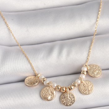 Pirinç Gold Renk 5'Li Osmanlı Tuğra Figür İnci Detay Kadın Kolye