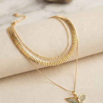 Pirinç Gold Renk Anka Kuşu Objeli Yılan Zincir Detaylı Kadın Kolye Kombini