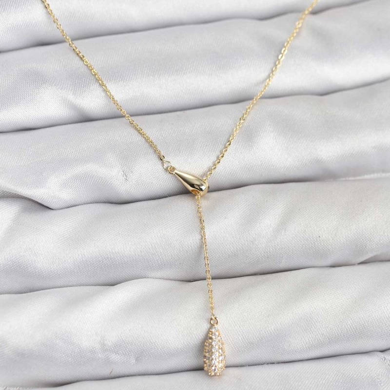 Pirinç Gold Renk Asansörlü Damla Model Kadın Kolye