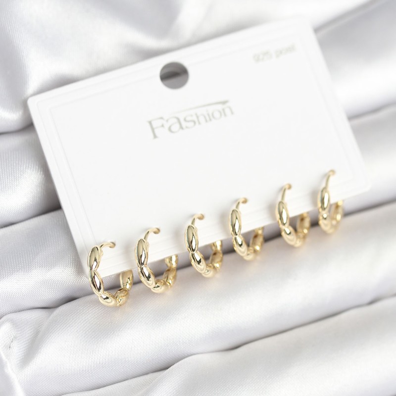 Pirinç Gold Renk Baklalı Halka 925 Gümüş Çivi Kadın Küpe Seti