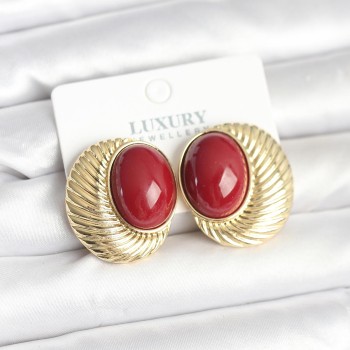 Pirinç Gold Renk Bordo Boncuklu Oval Vintage Kadın Küpe