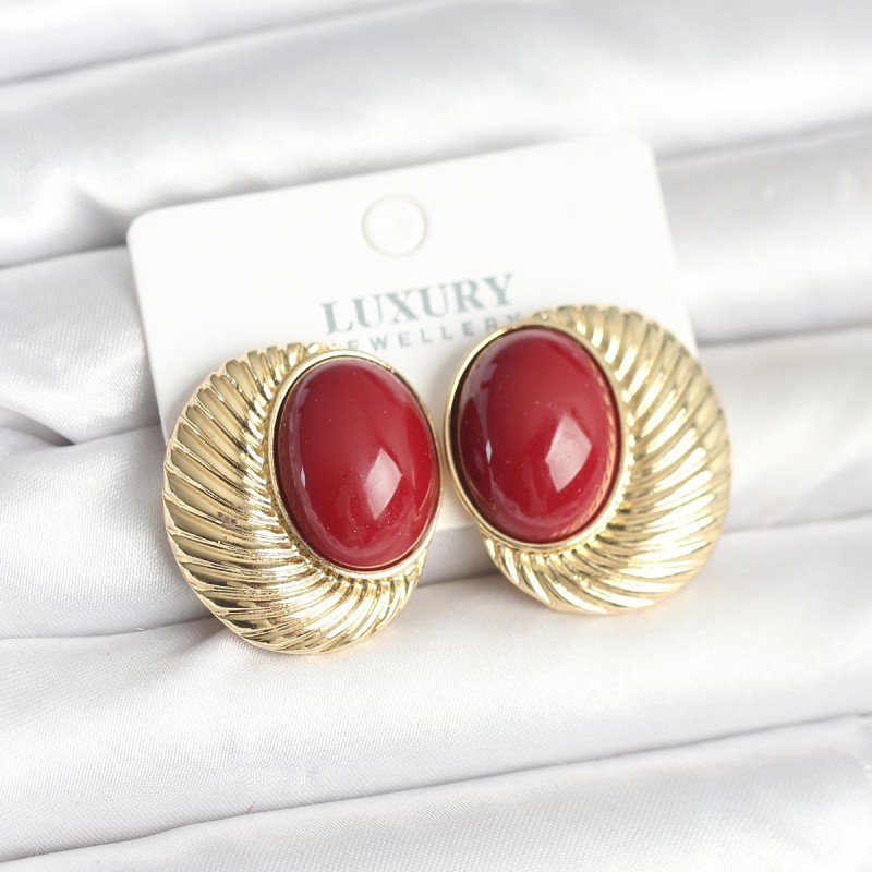 Pirinç Gold Renk Bordo Boncuklu Oval Vintage Kadın Küpe