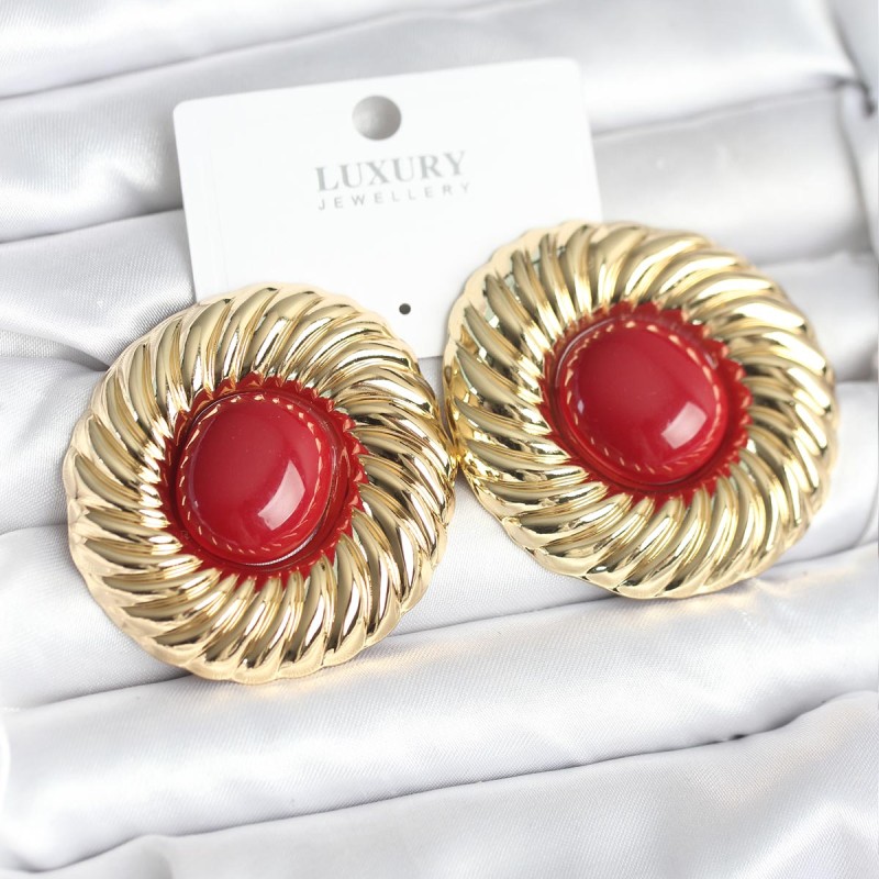 Pirinç Gold Renk Bordo Boncuklu Vintage Kadın Küpe