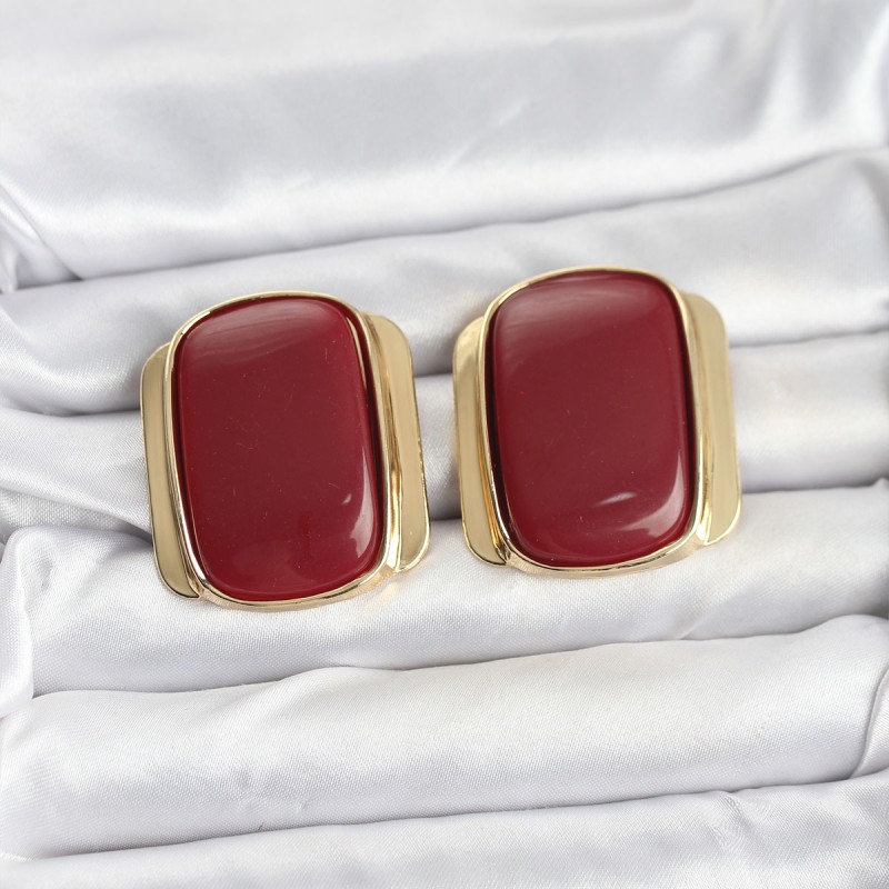 Pirinç Gold Renk Bordo Plaka Vintage Kadın Küpe